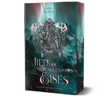 Das Cover zeigt mittig die Zeichnung einer jungen Frau von hinten. Sie trägt ein mittelalterliches Surcot und ein Korsett. Ihre Haare reichen in langen Wellen bis zur Taile. Links und rechts neben ihrem Kopf sind zwei kleine Drachen zu sehen. Der Titel steht im unteren Drittel des Covers. Im Hintergrund sieht man große Bergspitzen. Im darüber abgebildeten Himmel leuchten Nordlichter. Der Farbschnitt zeigt weitere Berge und weitere Nordlichter. Mittig ist ein Wikingerknoten in Form eines Drachen.